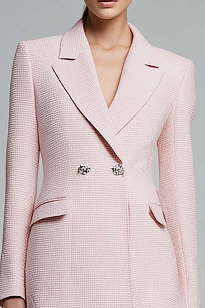 Pink Notched Lapel Short Tweed Pencil Blazer Dress with Sleeves