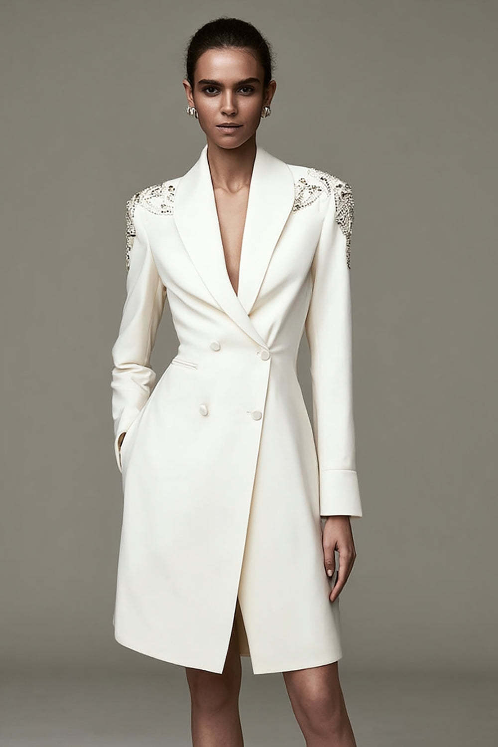 Leely Women Ivory Satin Short Pencil Blazer Dress with Beading Double Breasted Shawl Lapel Long Sleeves Work Dress