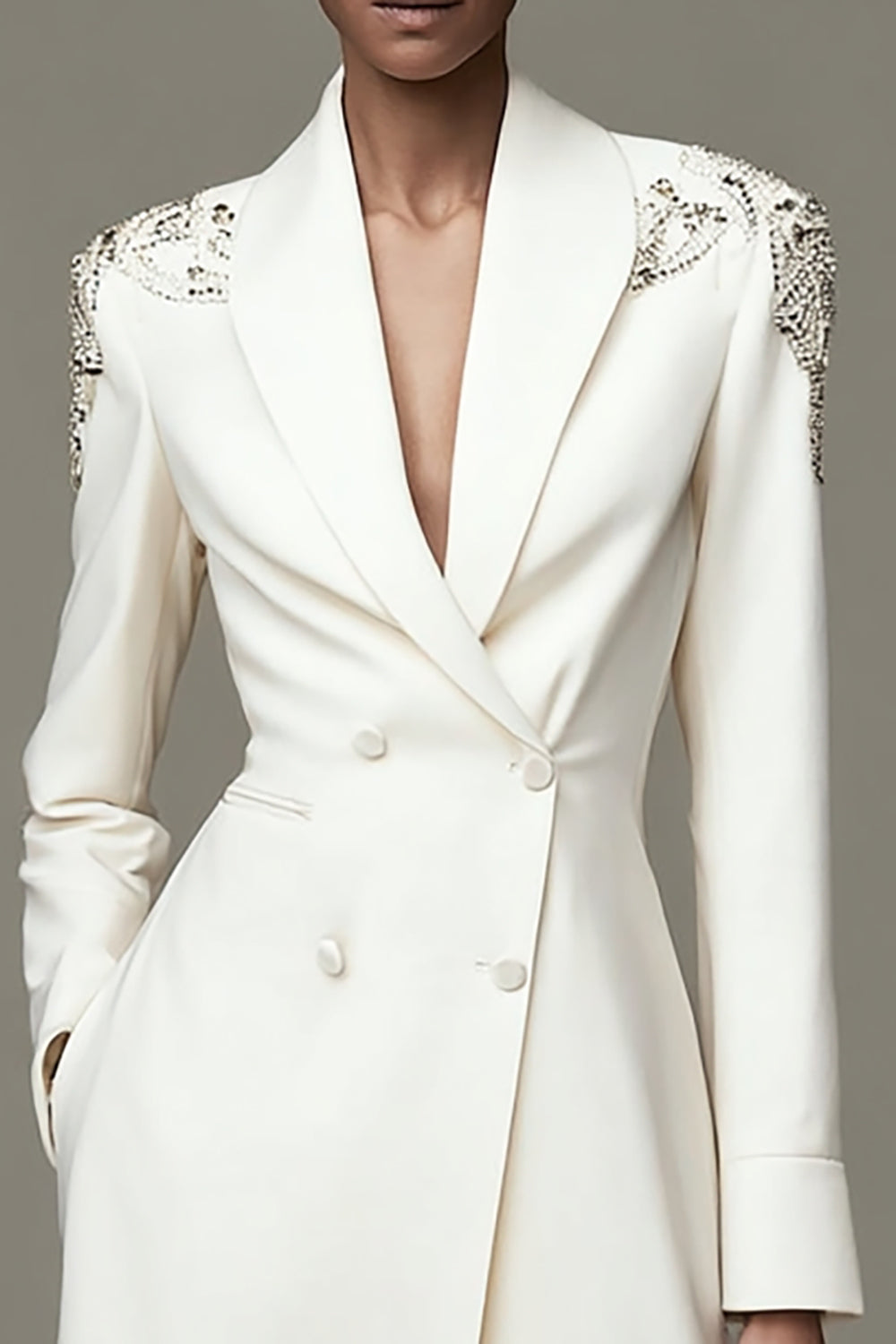 Ivory Satin Shawl Lapel Double Breasted Short Pencil Dress with Beading