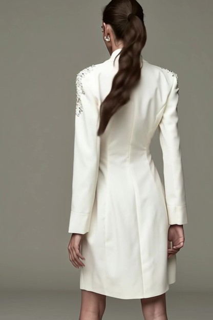 Ivory Satin Shawl Lapel Double Breasted Short Pencil Dress with Beading