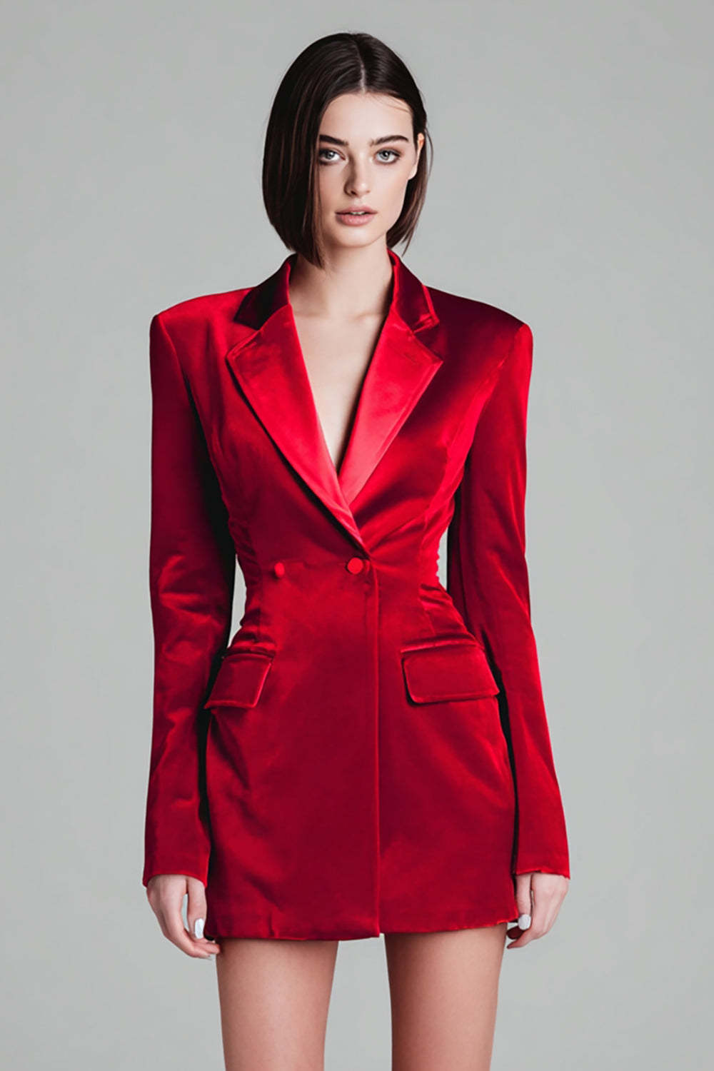 Leely Women Red Notched Lapel Velvet Short Blazer Dress Tight Double Breasted Work Dress with Sleeves