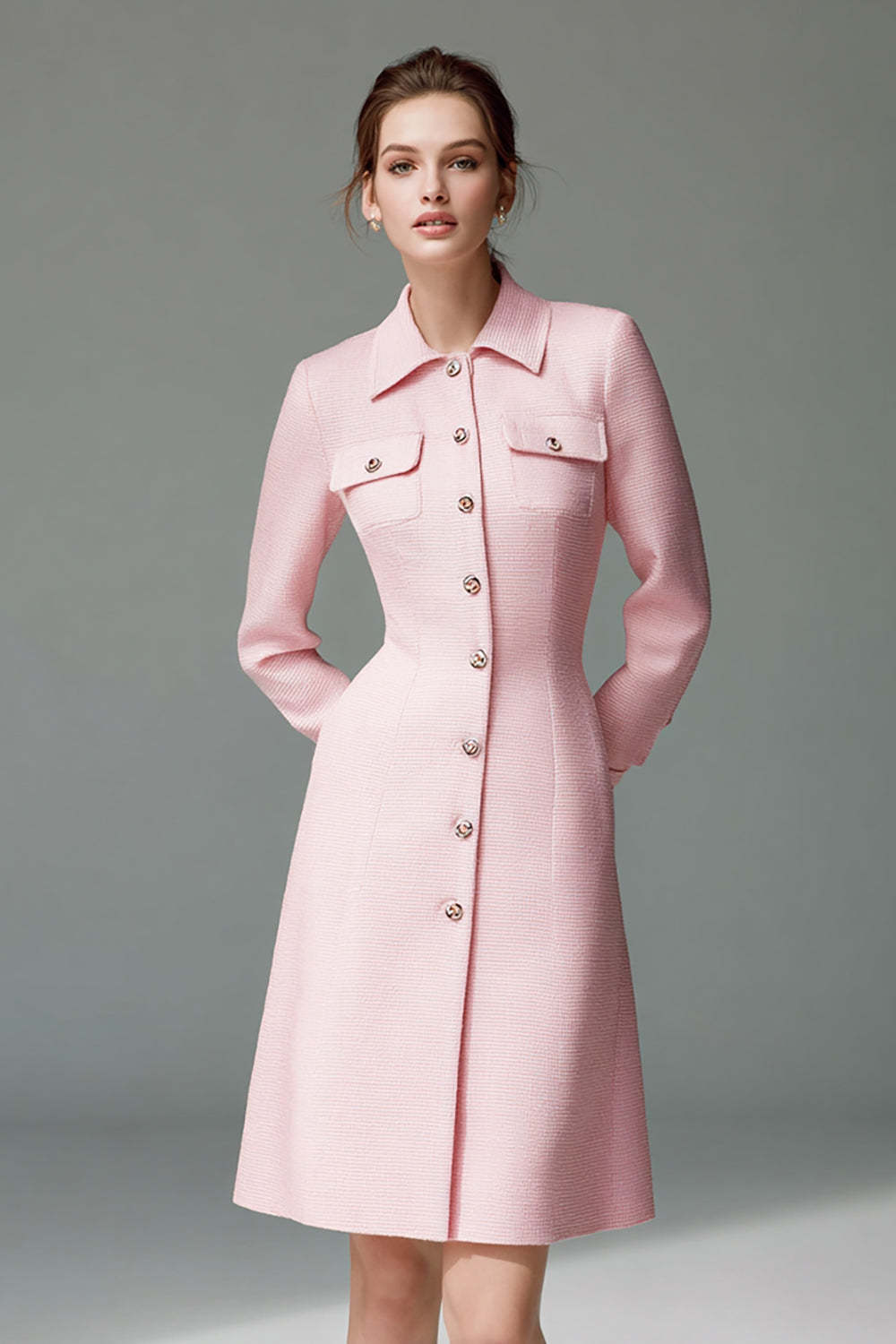 Leely Women Pink A Line One Piece Short Blazer Dress with Pockets Single Breasted Collar Work Dress with Sleeves