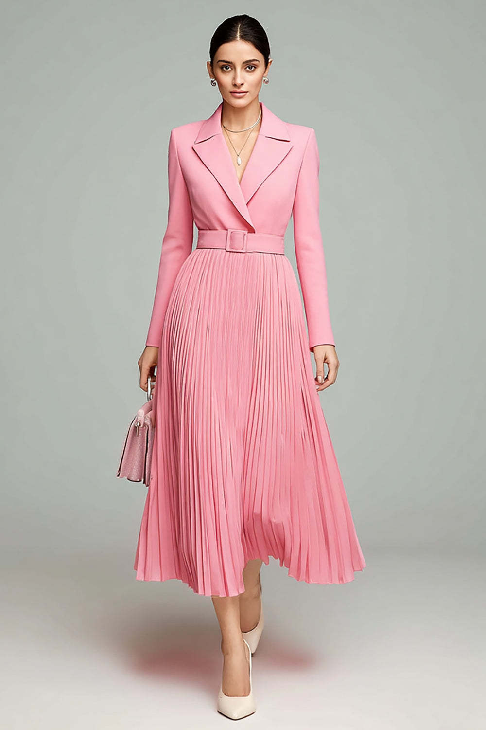 Leely Women Pink Peak Lapel Midi Blazer Dress with Belt A Line Pleated Long Sleeves Work Dress