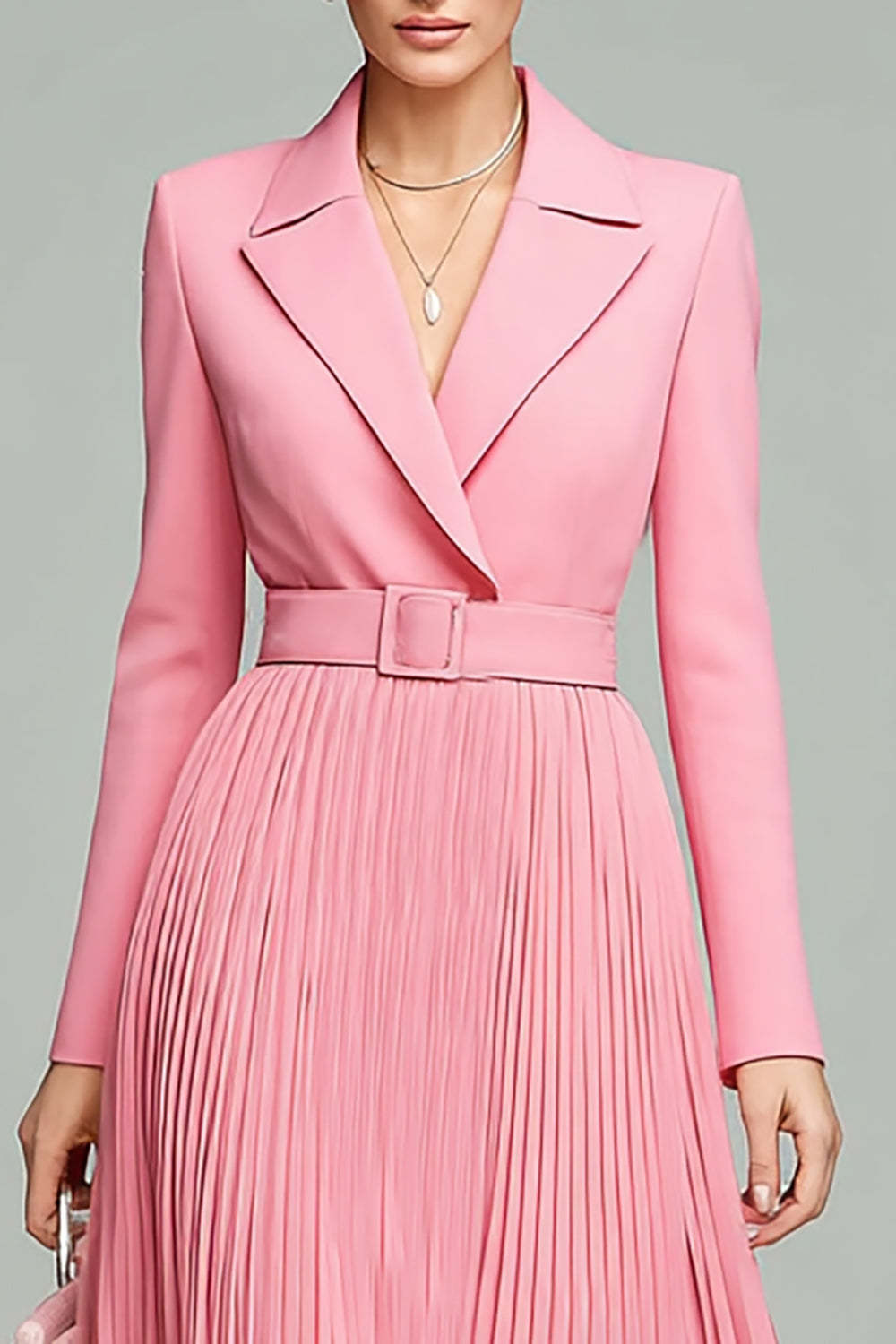 Midi Pink A Line Pleated Blazer Dress with Belt