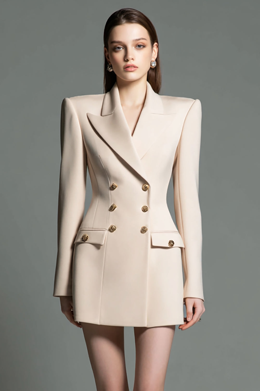 Champagne Satin Peak Lapel Fitted Short Blazer Dress with Sleeves