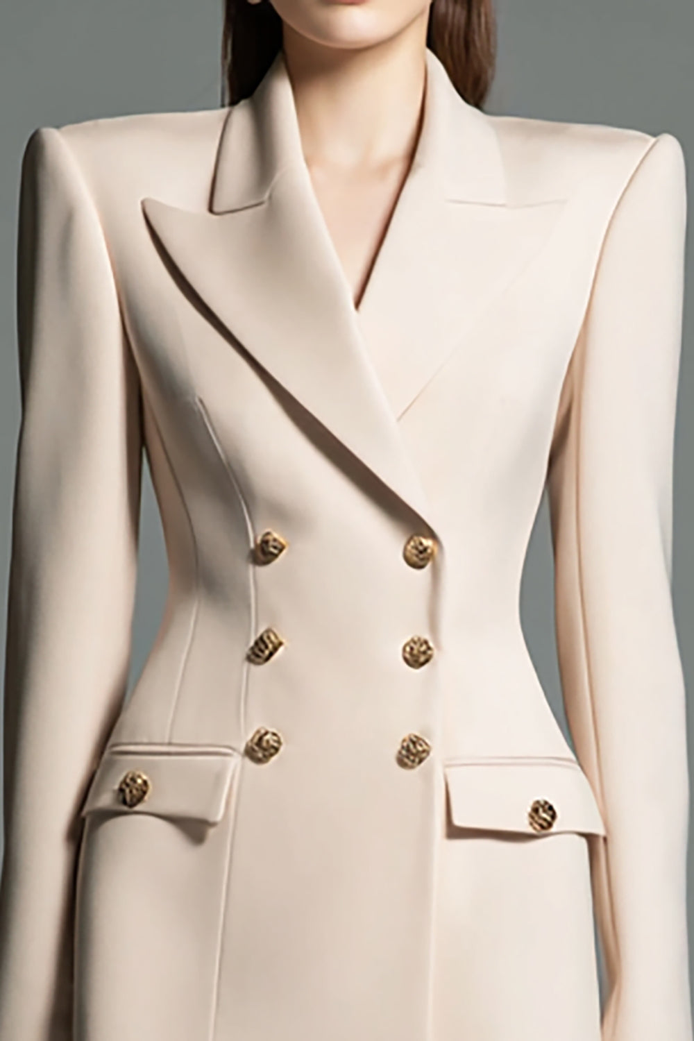 Champagne Satin Peak Lapel Fitted Short Blazer Dress with Sleeves