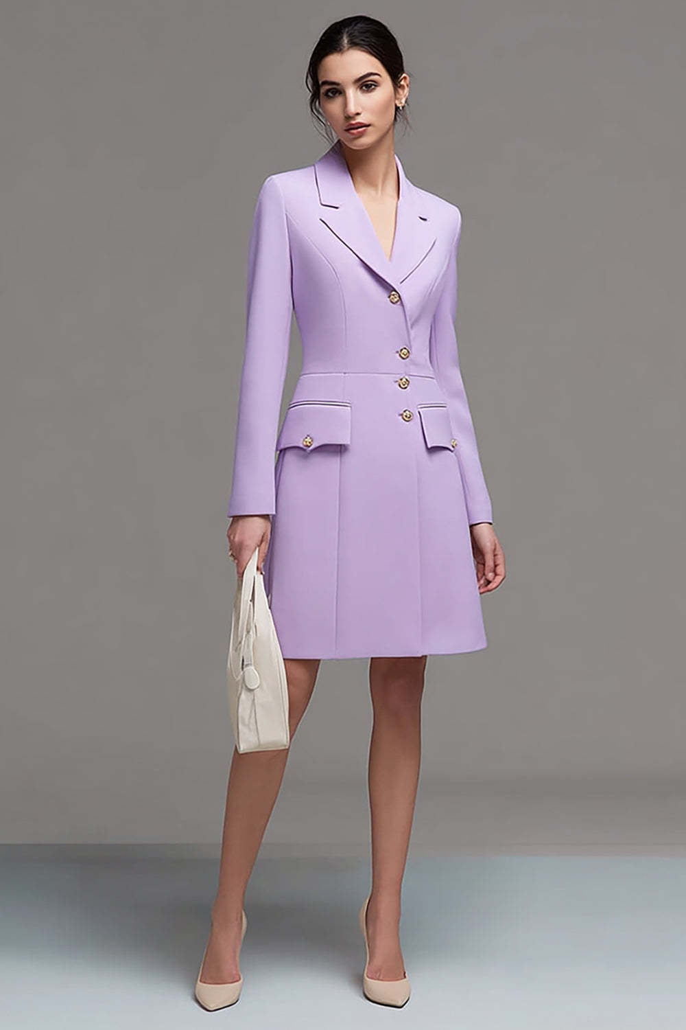 Leely Women Lilac Notched Lapel Short Blazer Dress Single Breasted Satin A Line Work Dress with Sleeves