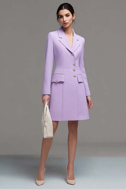 Leely Women Lilac Notched Lapel Short Blazer Dress Single Breasted Satin A Line Work Dress with Sleeves