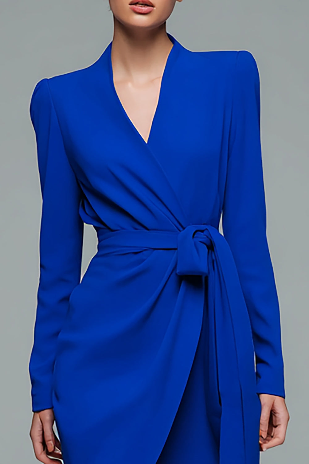 Short Royal Blue Bodycon V-Neck Work Dress with Sash