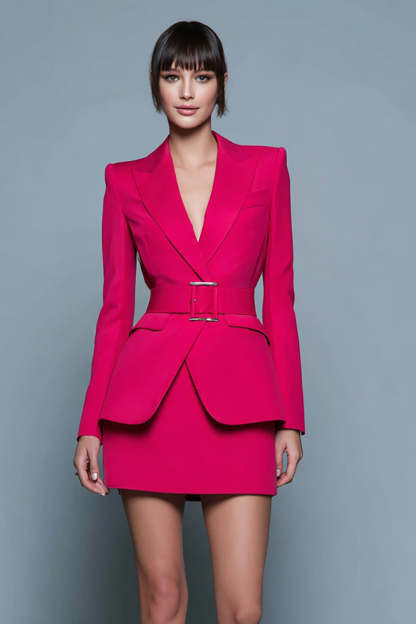 Leely Women Fuchsia 2 Piece Short Business Suits with Belt Peak Lapel Satin Long Sleeves Pencil Pageant Interview Outfits