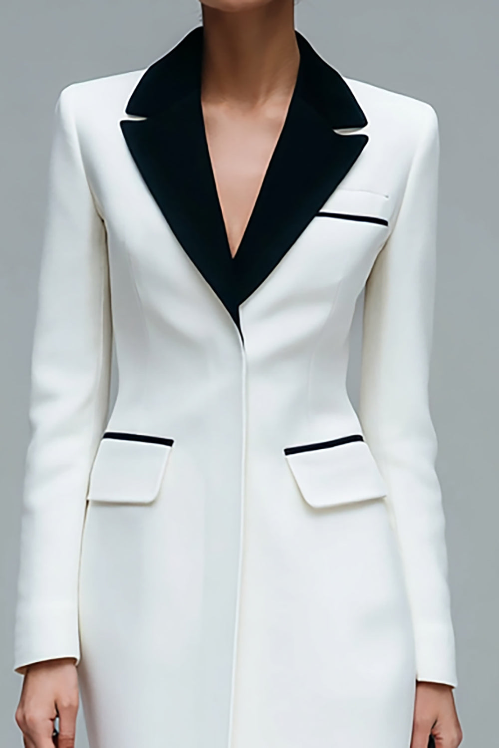 Ivory Satin Peak Lapel Bodycon One Piece Short Blazer Dress with Sleeves
