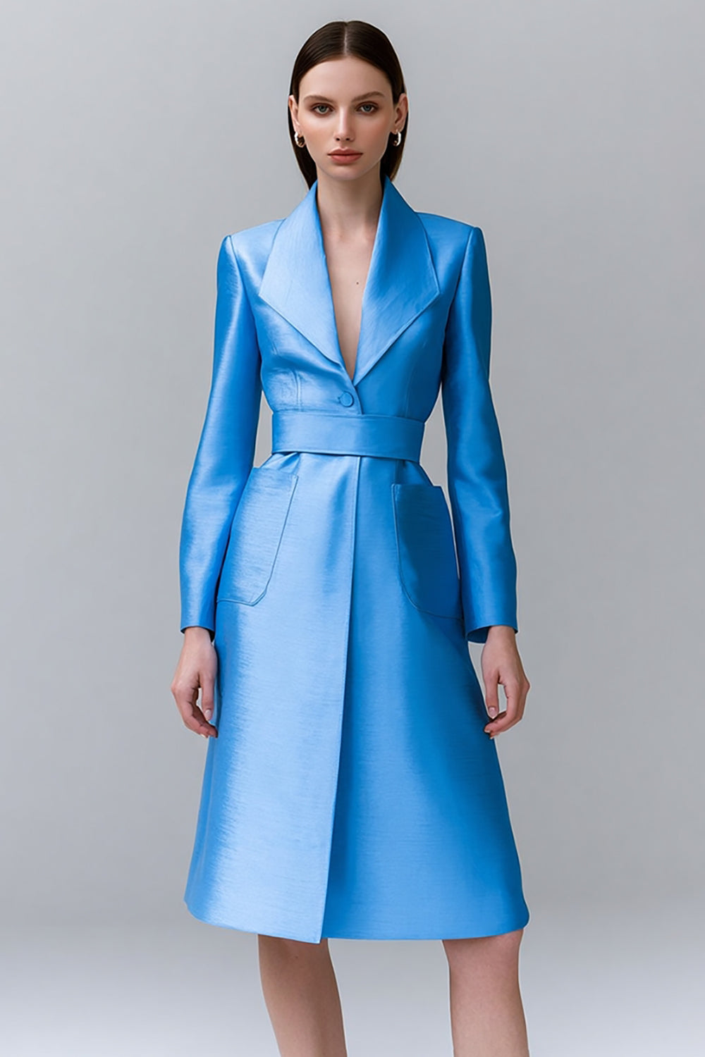 Blue Satin A Line Midi Blazer Dress with Pockets
