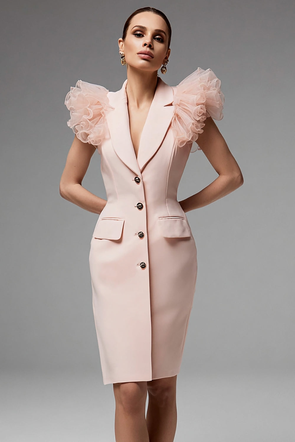 Pink Notched Lapel One Piece Pencil Satin Short Blazer Dress with Ruffles