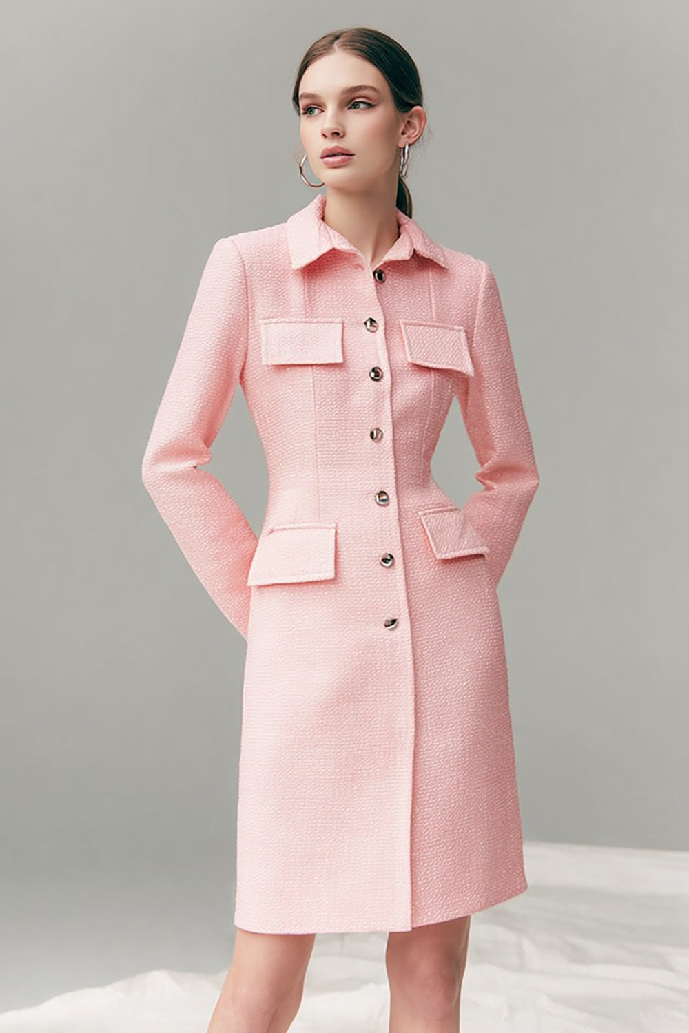 Leely Women Pink Tweed Short Pencil Blazer Dress Collar Neck Single Breasted Dress with Long Sleeves