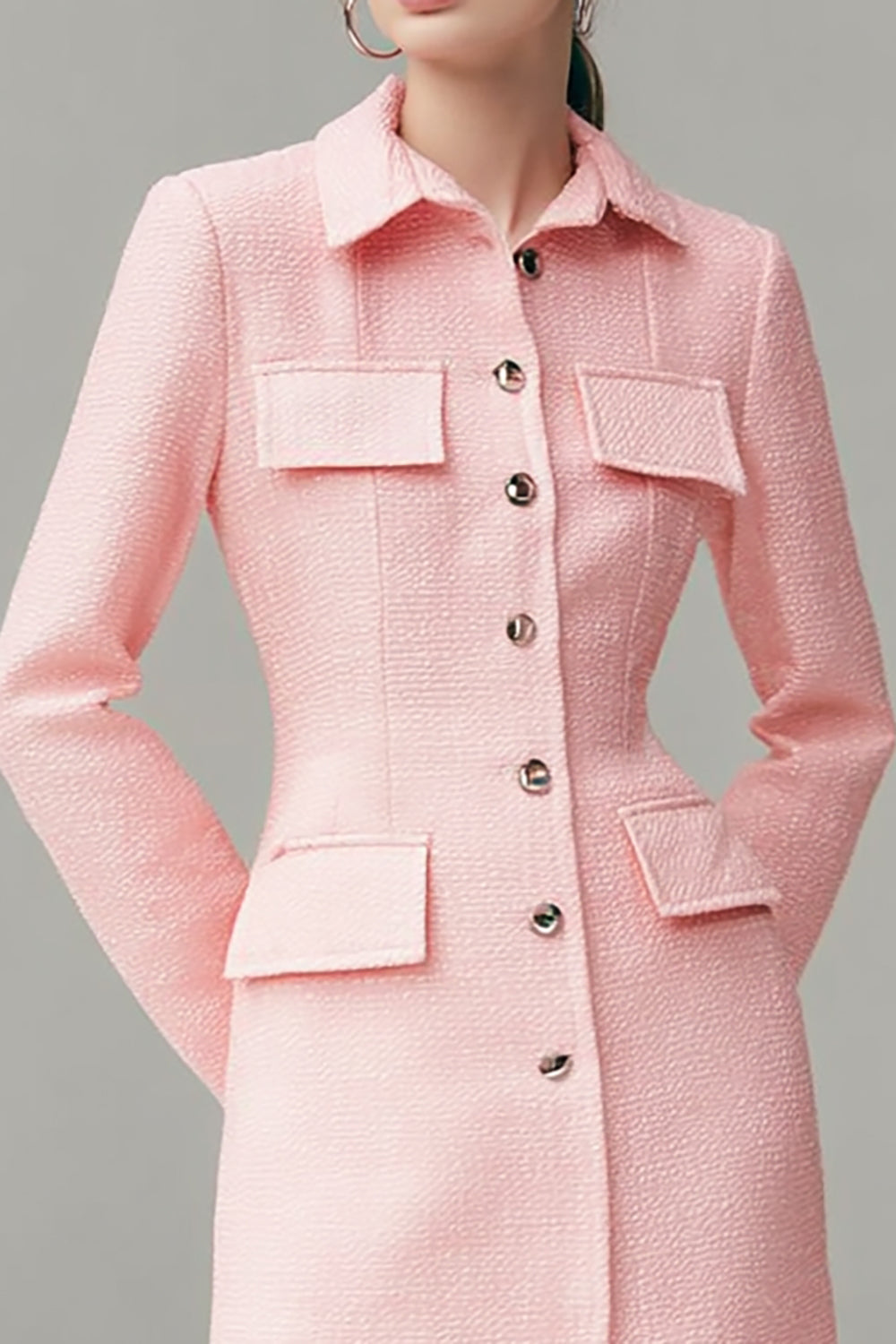 Pink Collar Neck Tweed Single Breasted Short Pencil Blazer Dress