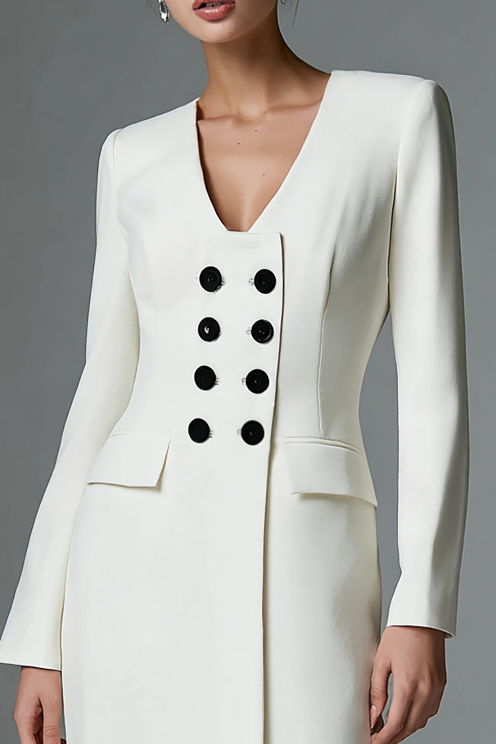 One Piece Ivory Pencil Satin Double Breasted Short Blazer Dress with Sleeves