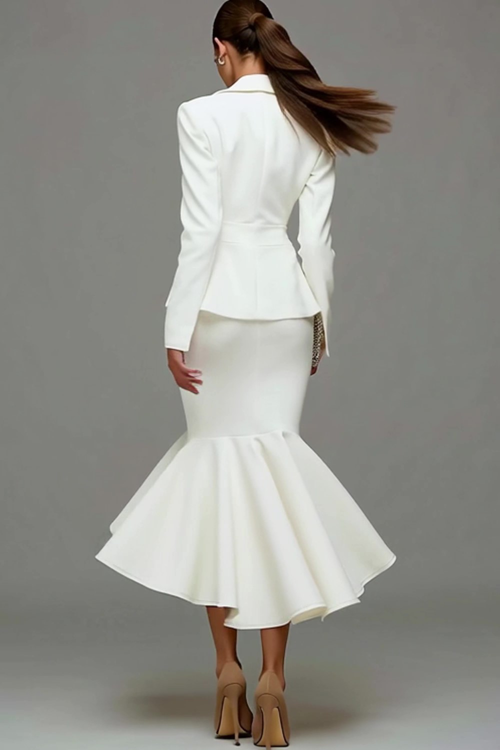 Ivory Satin Notched Lapel 2 Piece Mermaid Midi Business Suits with Ruffles