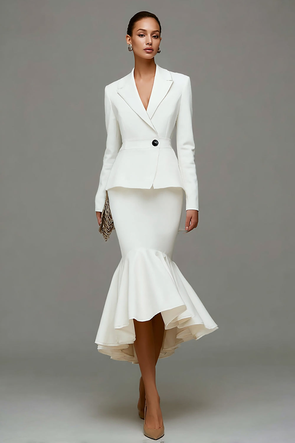 Ivory Satin Notched Lapel 2 Piece Mermaid Midi Business Suits with Ruffles