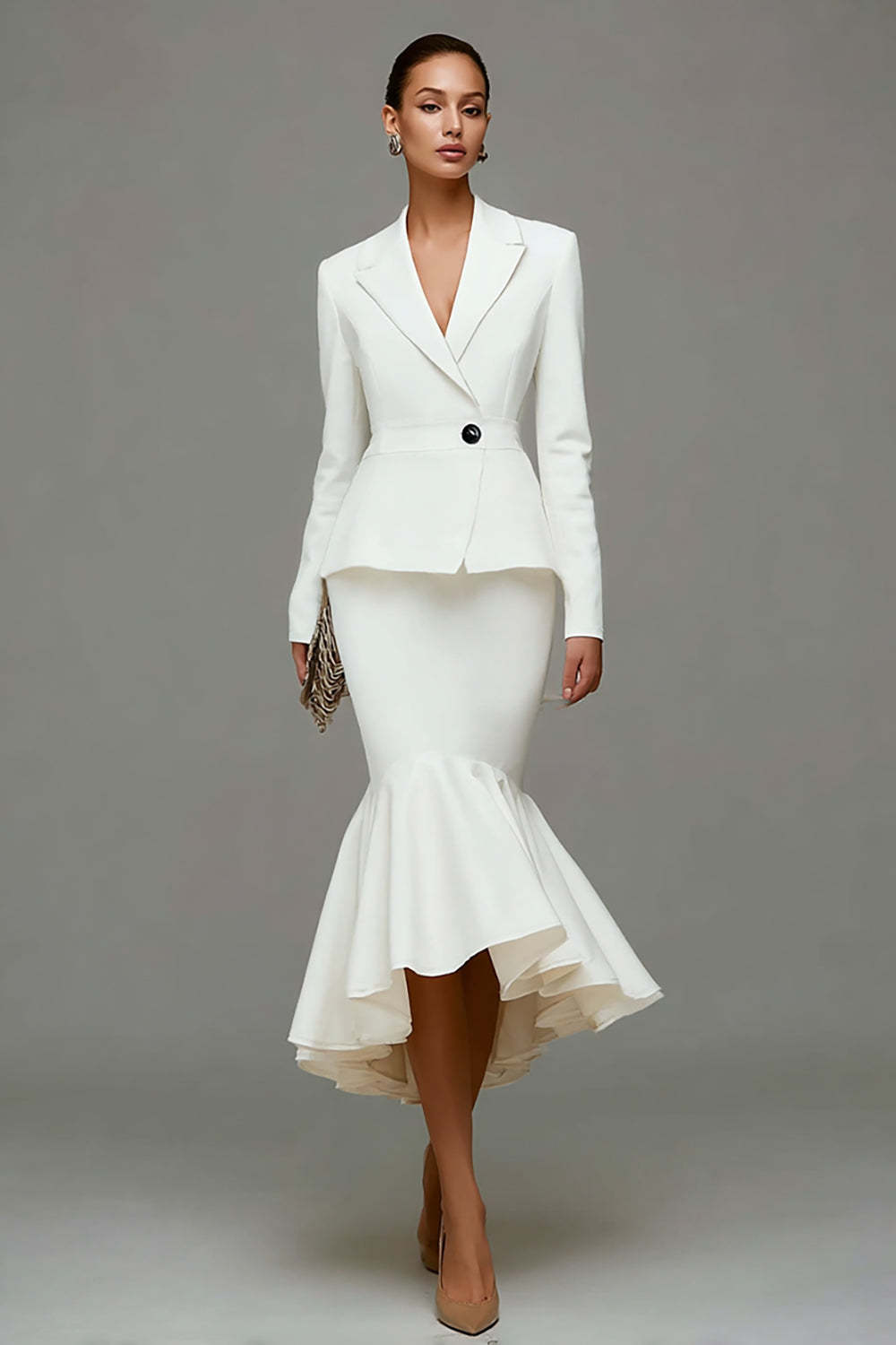 Ivory Satin Notched Lapel 2 Piece Mermaid Midi Business Suits with Ruffles