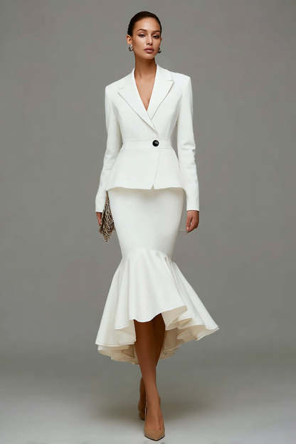 Ivory Satin Notched Lapel 2 Piece Mermaid Midi Business Suits with Ruffles