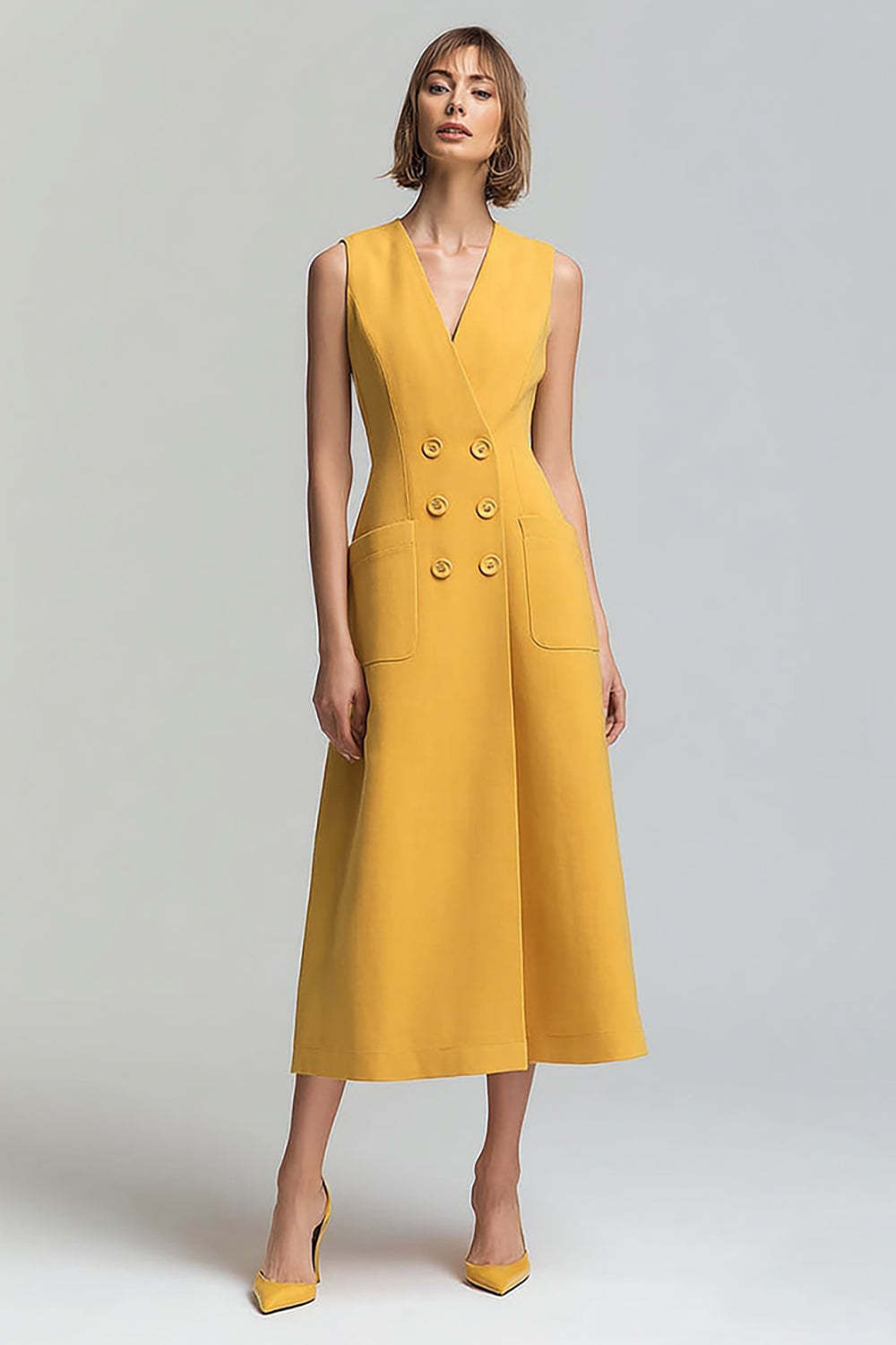 Leely Women Yellow Satin Midi Blazer Dress V-Neck Double Breasted Work Dress