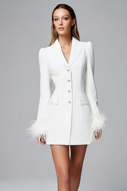 Leely Women Ivory Tight Single Breasted Short Blazer Dress with Feathers Notched Lapel Long Sleeves Work Dress