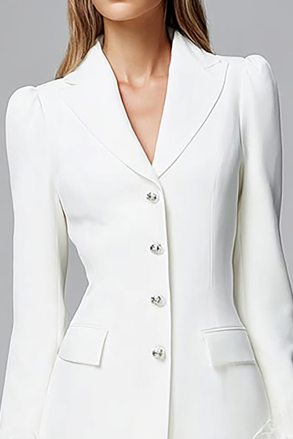 Ivory Notched Lapel Tight Short Blazer Dress with Feathers