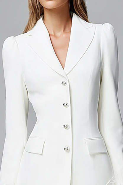 Ivory Notched Lapel Tight Short Blazer Dress with Feathers