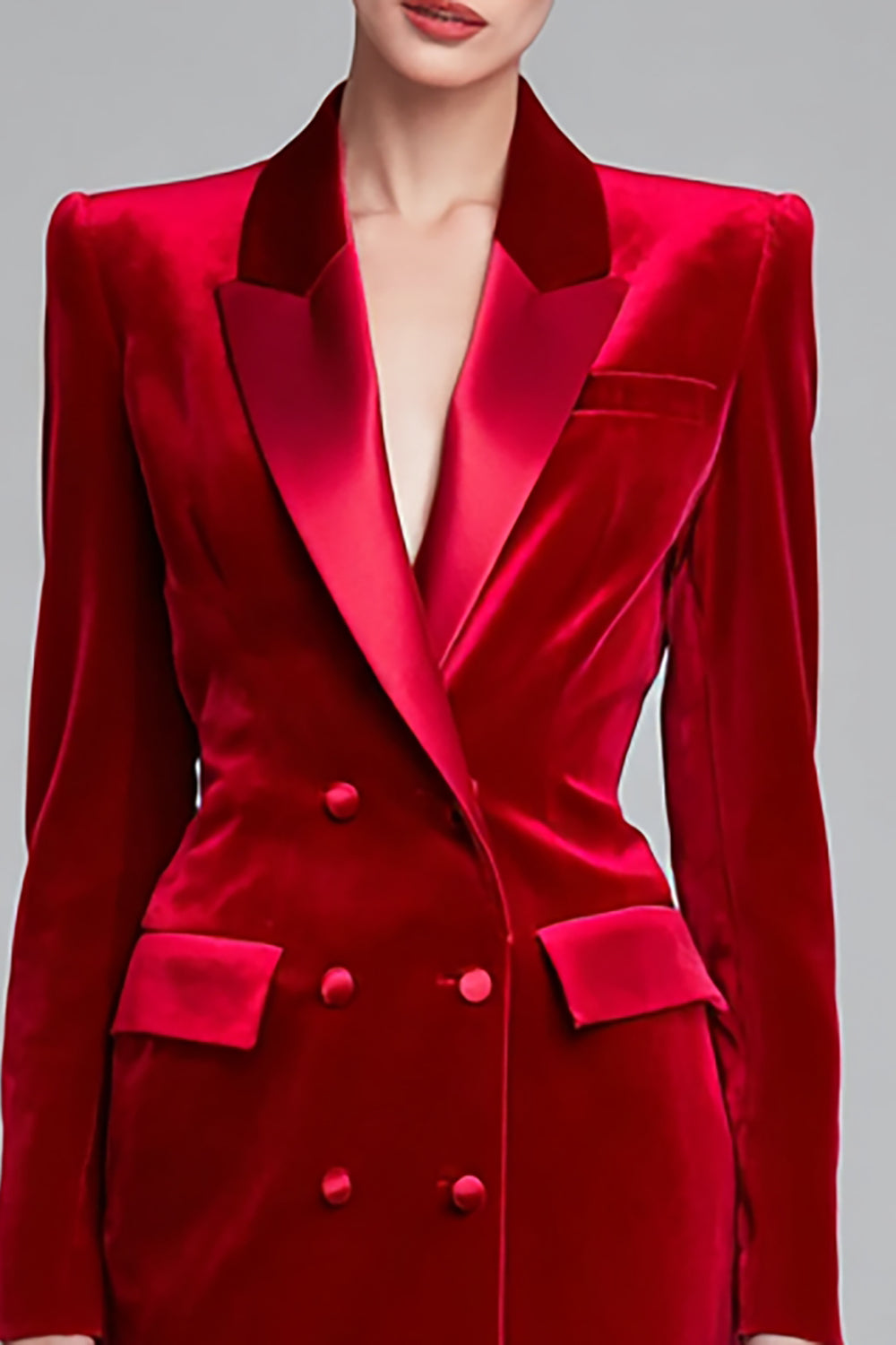 Red Peak Lapel Bodycon Velvet Double Breasted Short Blazer Dress