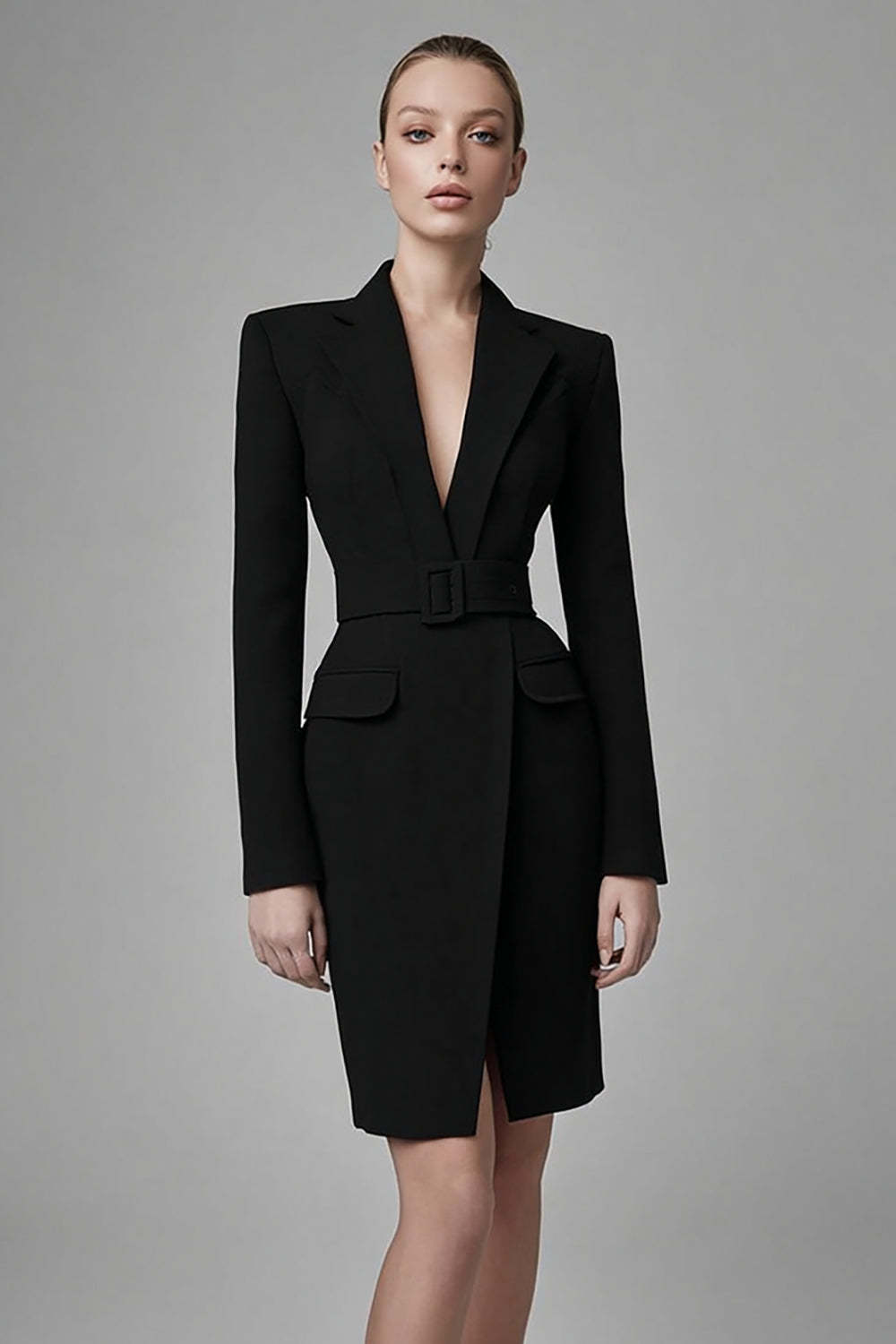 Leely Women Black Short Pencil Blazer Dress with Belts Notched Lapel Long Sleeves Work Dress