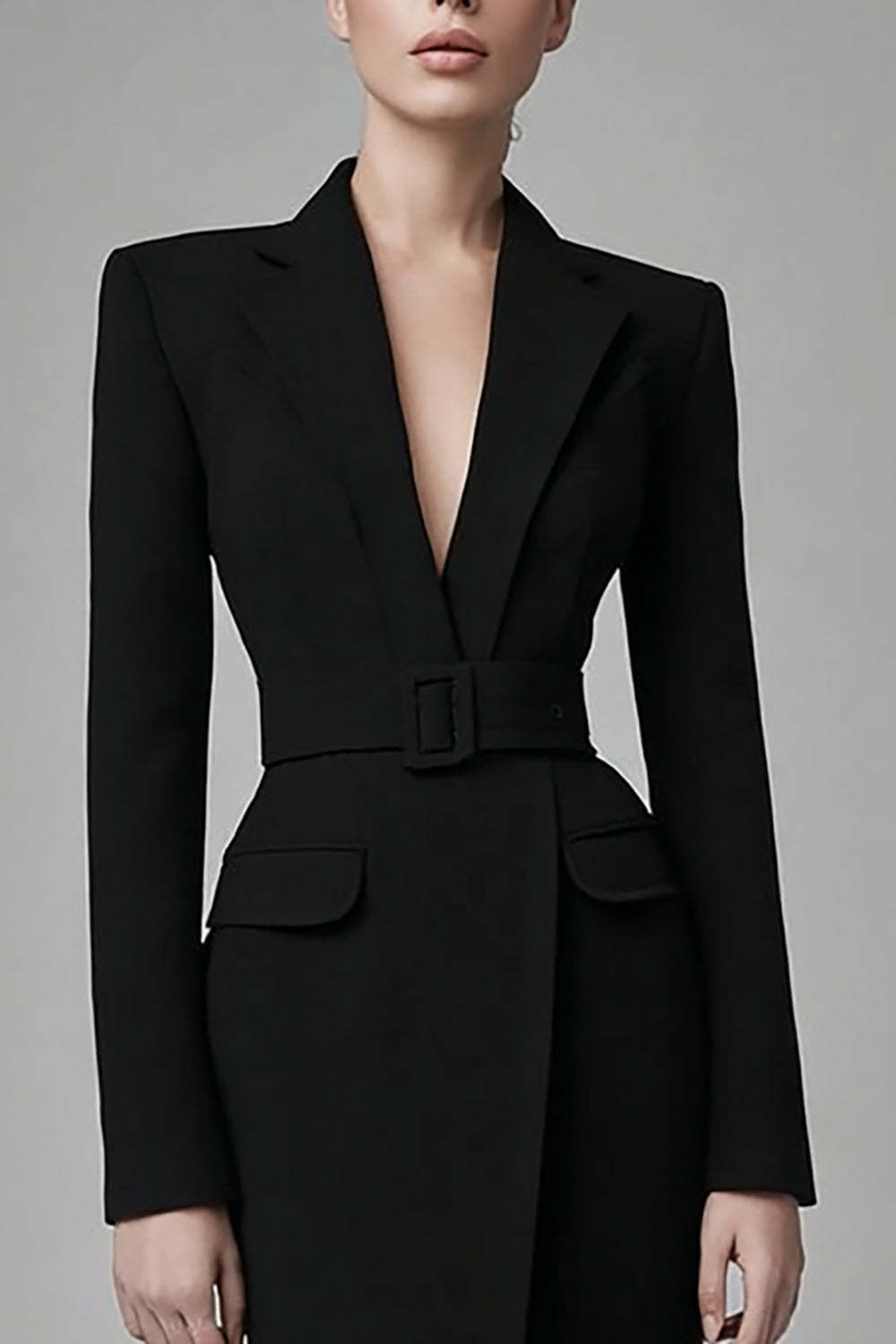 Black V Neck Long Sleeves Bodycon Short Blazer Dress with Belts