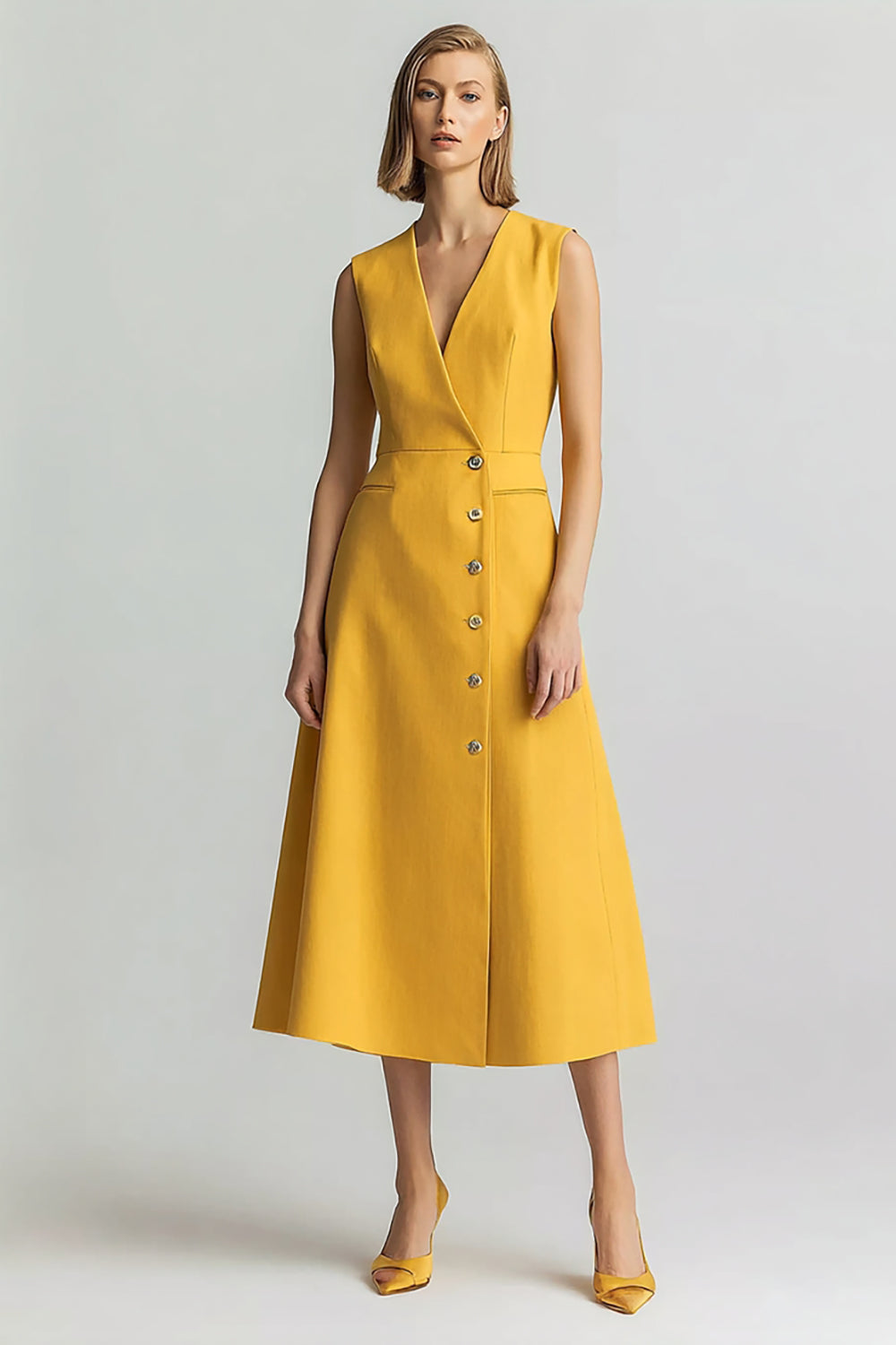 Yellow Midi V-Neck Single Breasted A Line Blazer Dress