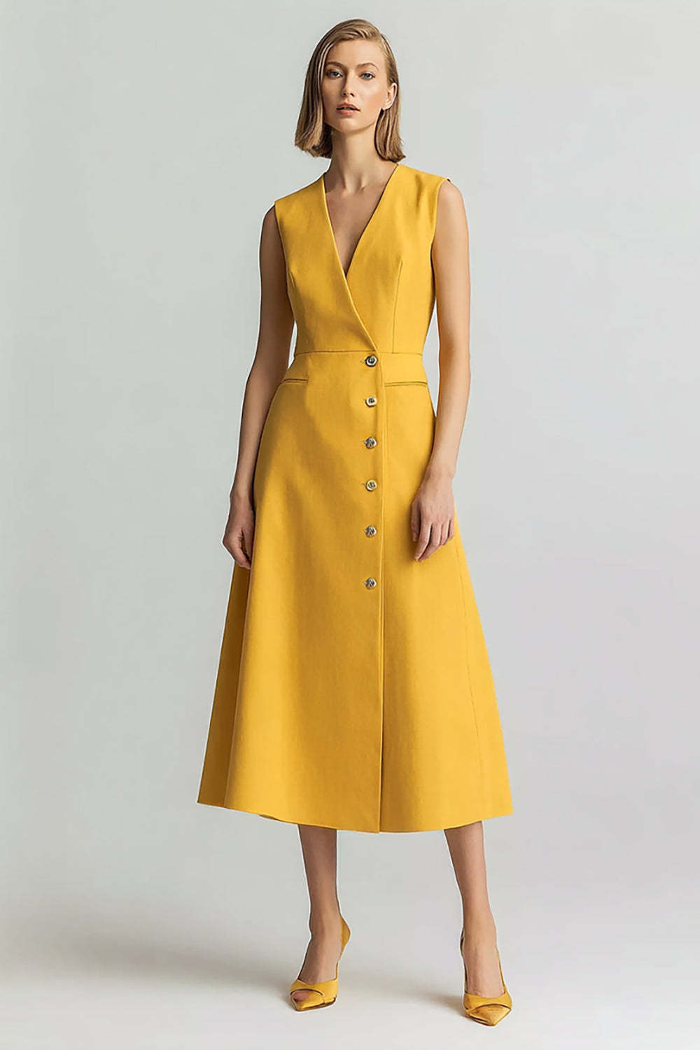 Leely Women Yellow Single Breasted Midi Blazer Dress V-Neck Sleeveless A Line Work Dress