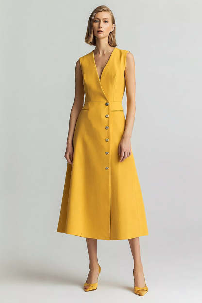 Leely Women Yellow Single Breasted Midi Blazer Dress V-Neck Sleeveless A Line Work Dress