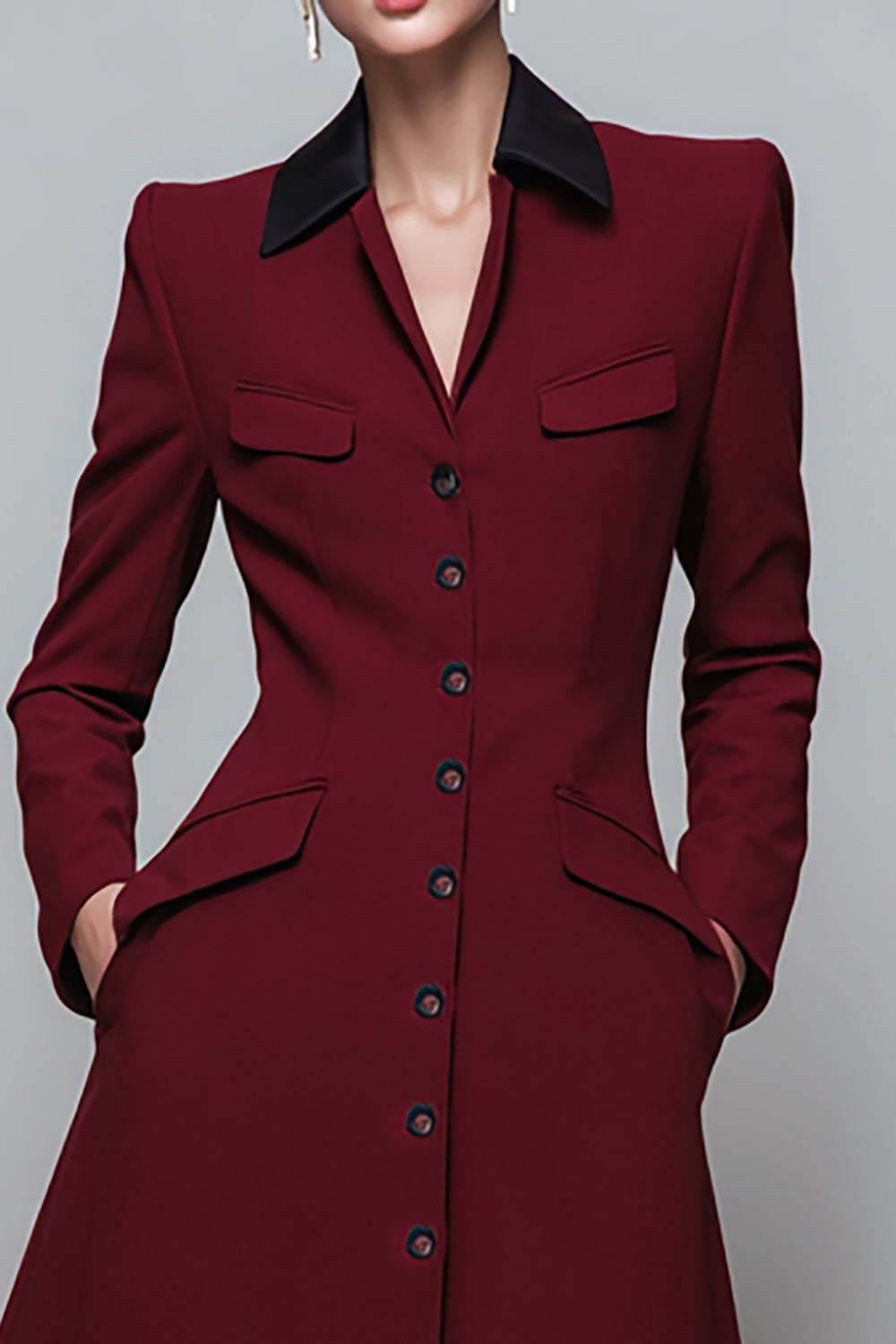 One Piece Dark Red Collar Neck A Line Midi Blazer Dress with Pockets