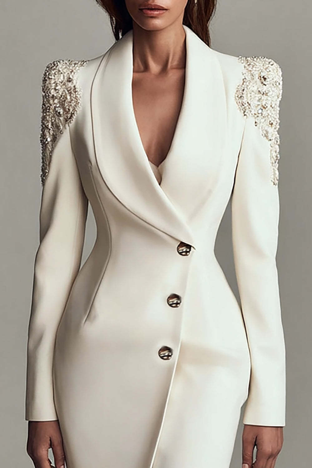 Sparkly Ivory Shawl Lapel Bodycon Satin Short Blazer Dress with Sleeves