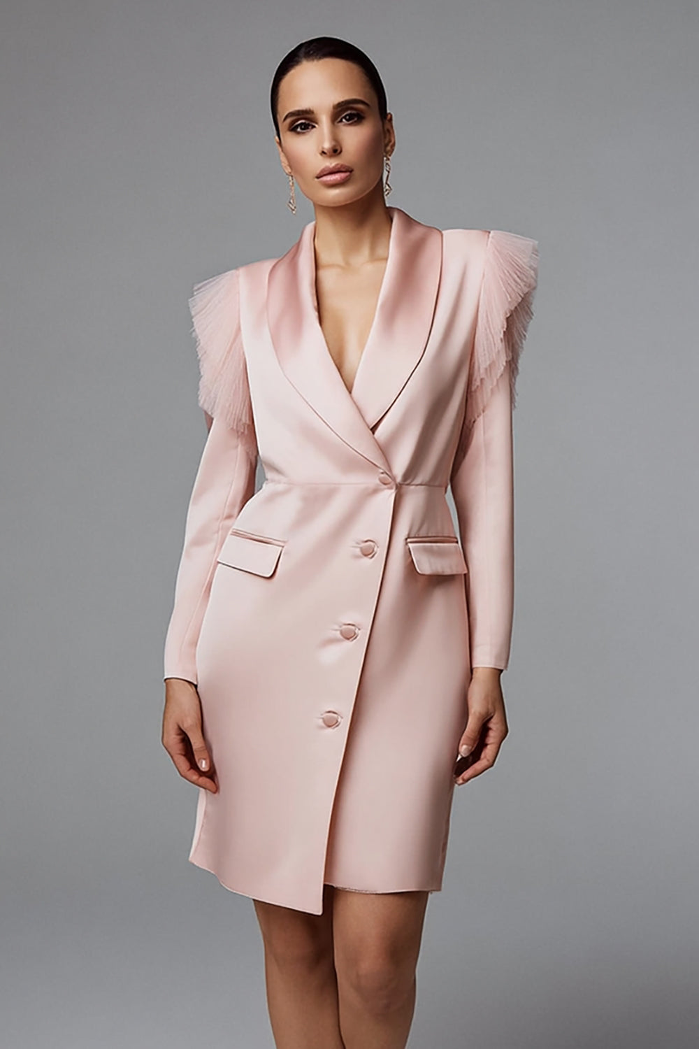 Pink Short Satin Shawl Lapel Single Breasted Pencil Blazer Dress with Sleeves