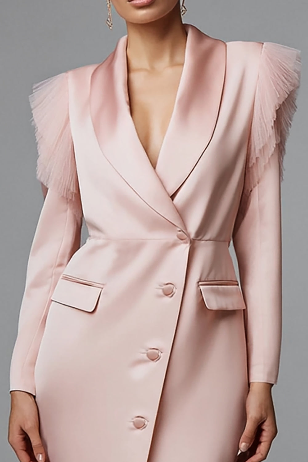 Pink Short Satin Shawl Lapel Single Breasted Pencil Blazer Dress with Sleeves