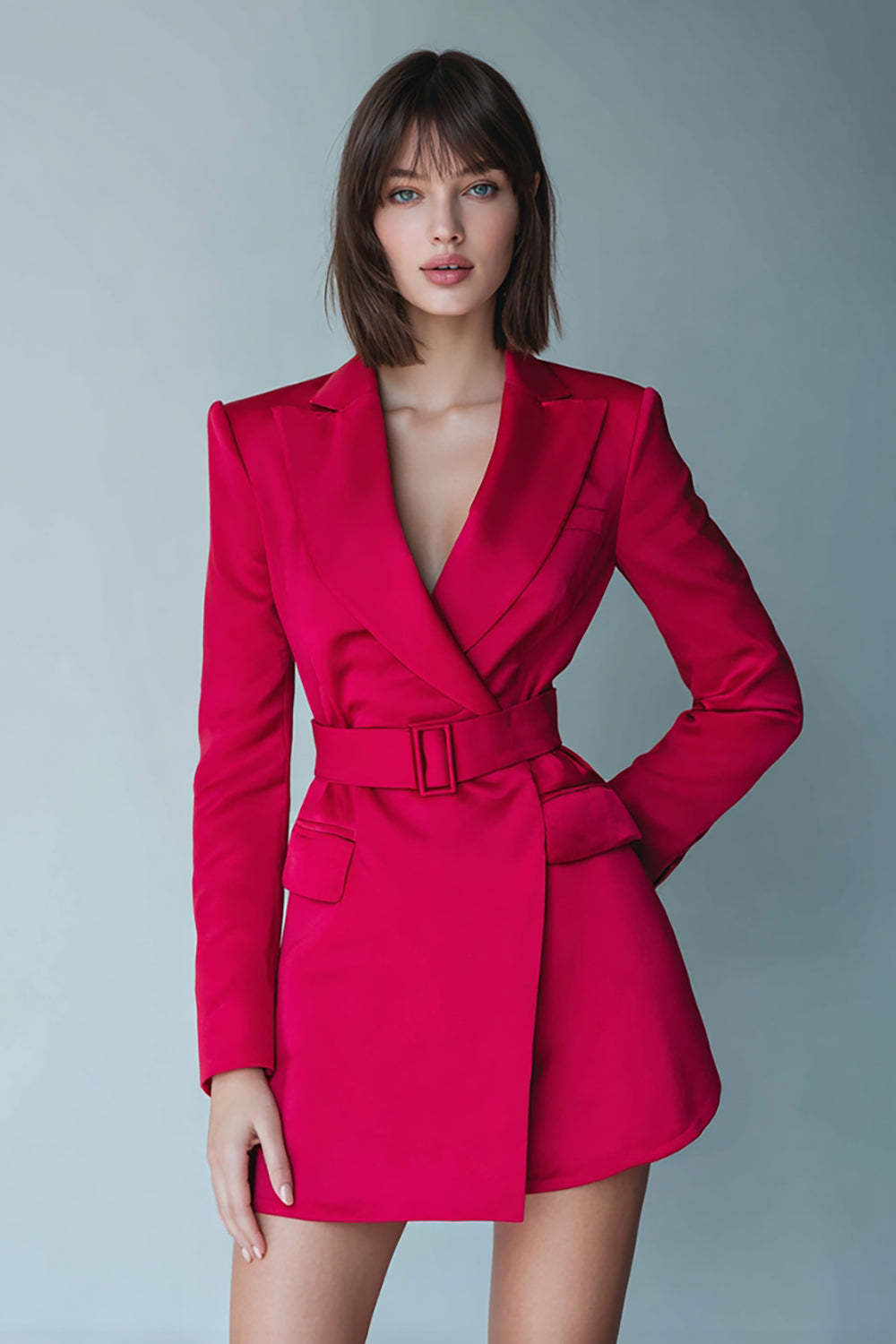 Leely Women Fuchsia Satin Short Blazer Dress with Belts Pencil Peak Lapel Long Sleeves Work Dress