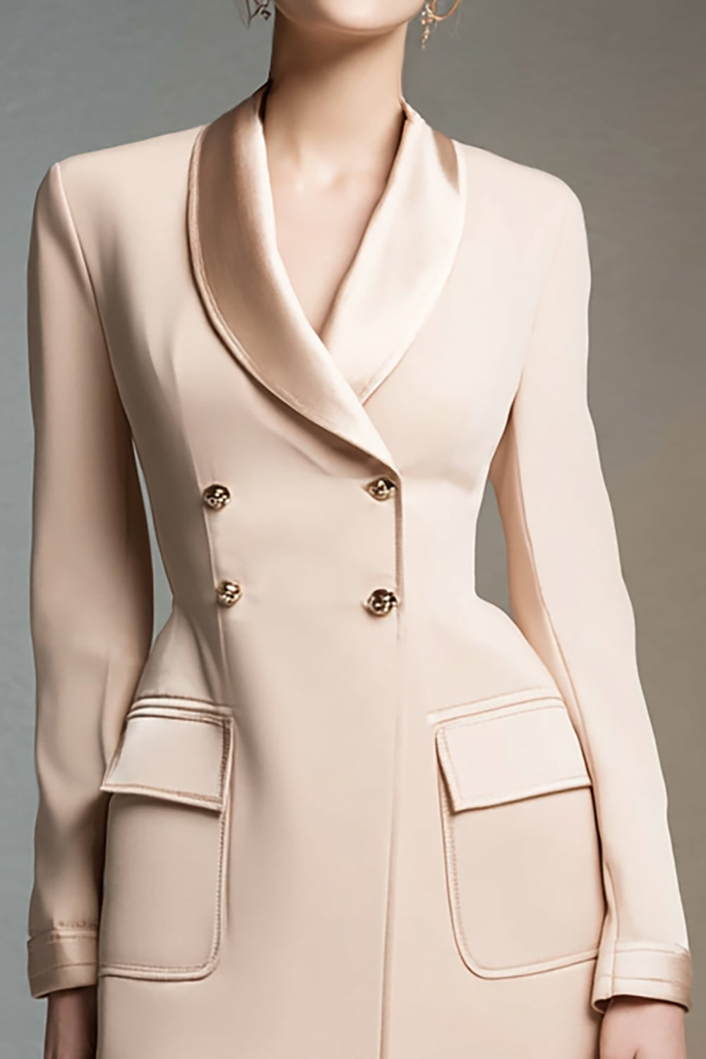 Champagne Shawl Lapel Double Breasted Short Blazer Dress with Sleeves