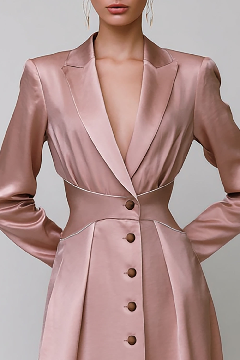 Dusty Rose Single Breasted Peak Lapel Midi Blazer Dress with Sleeves