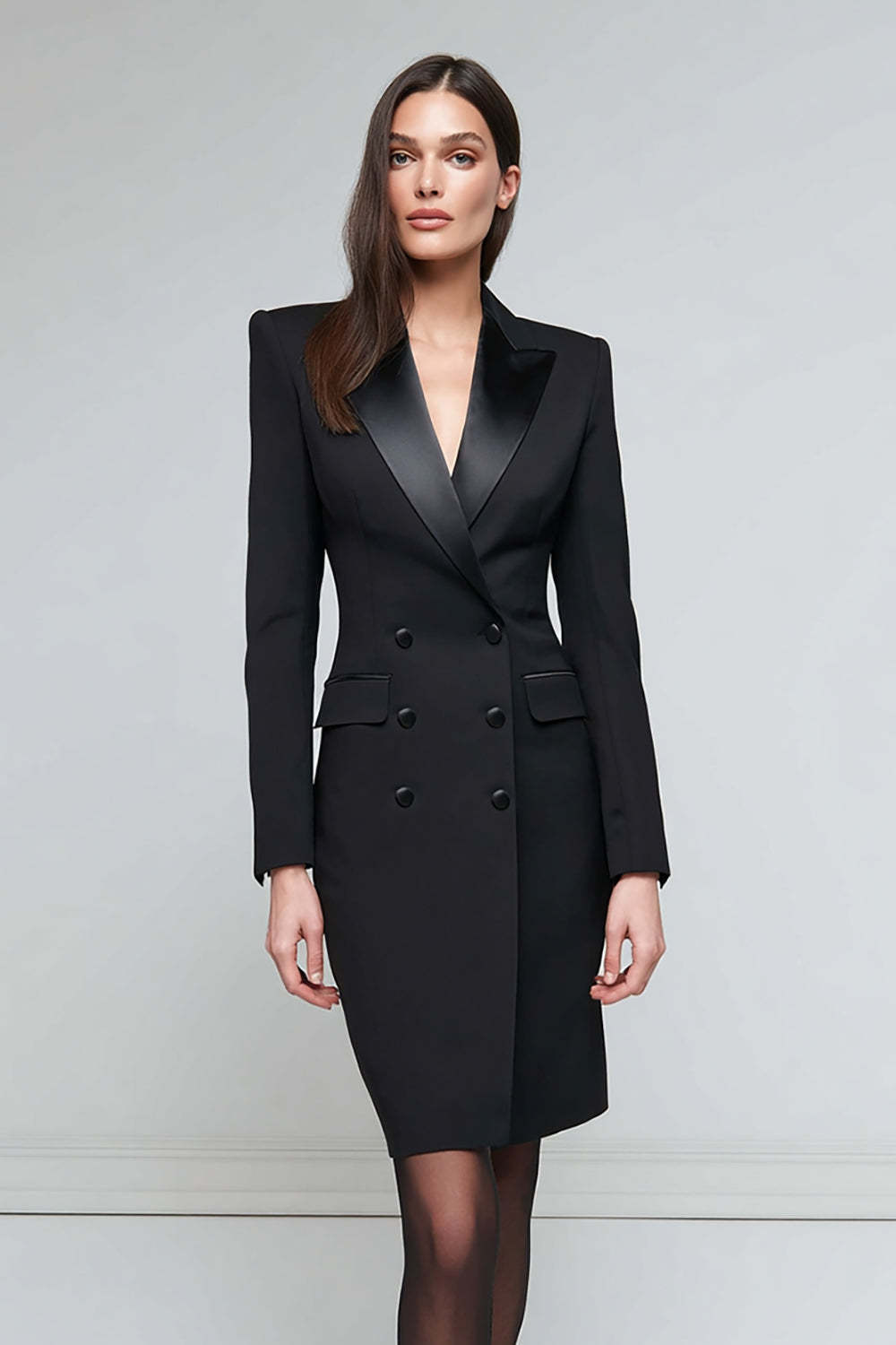 Pencil Short Black Satin Peak Lapel Blazer Dress with Sleeves