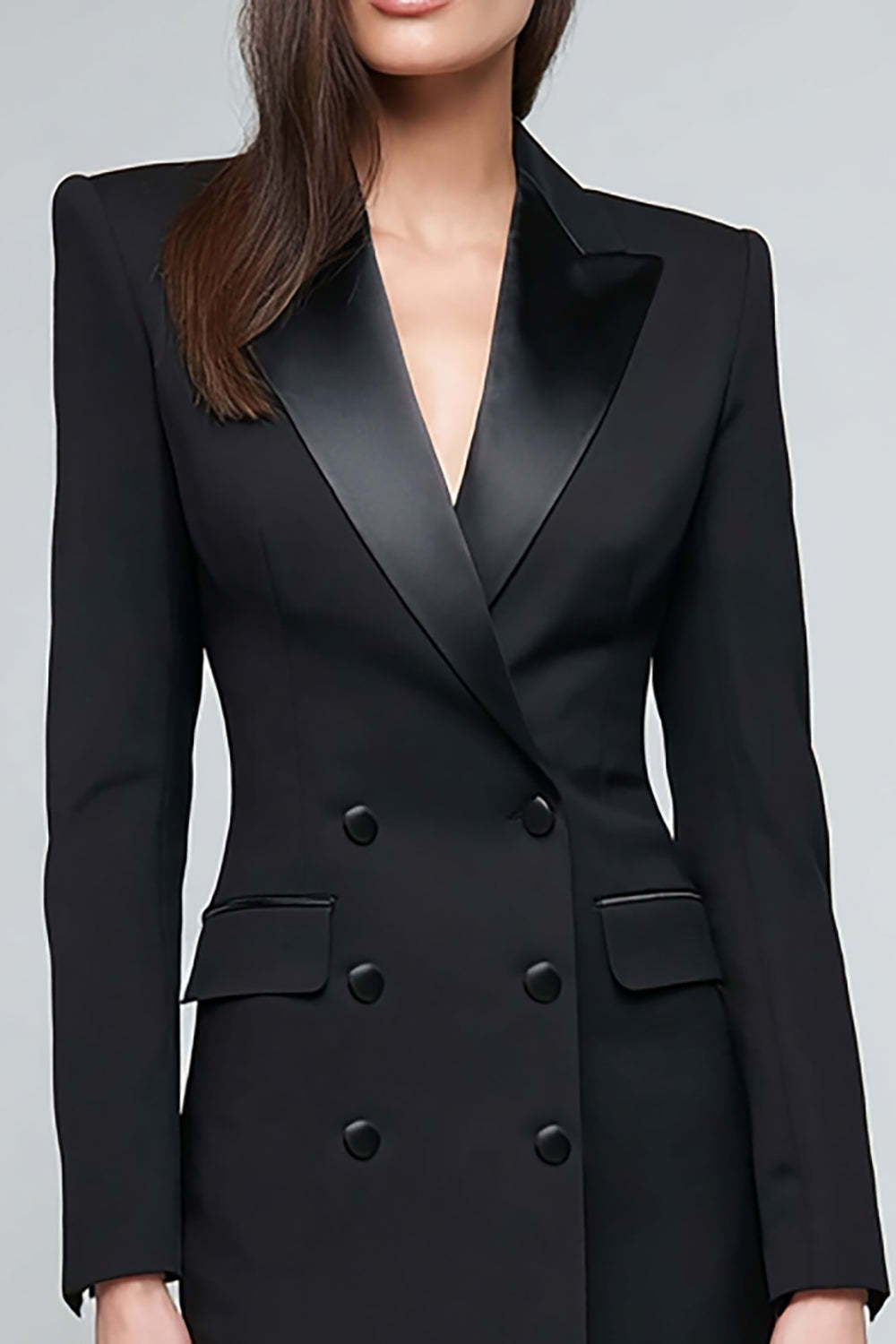 Pencil Short Black Satin Peak Lapel Blazer Dress with Sleeves
