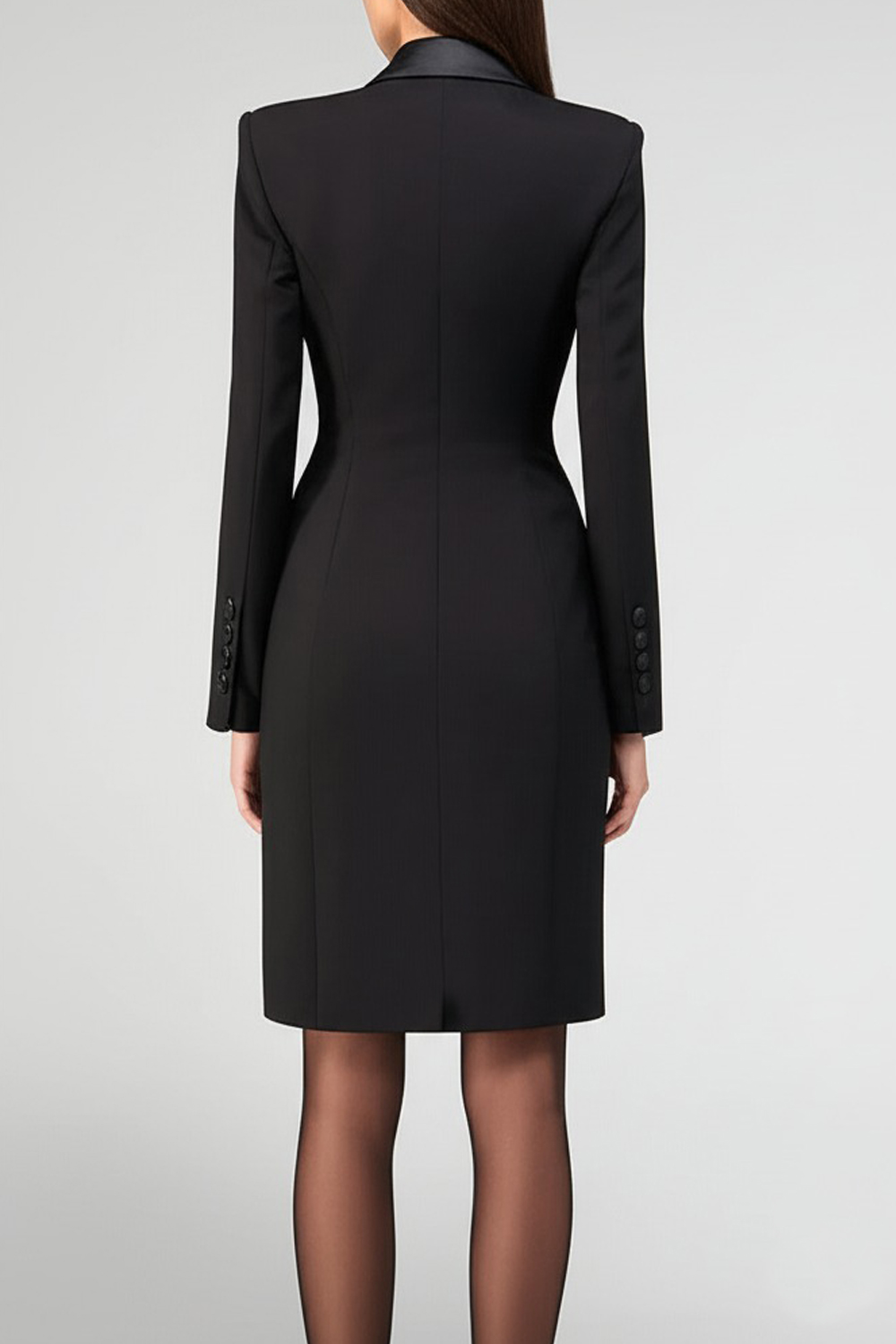 Pencil Short Black Satin Peak Lapel Blazer Dress with Sleeves