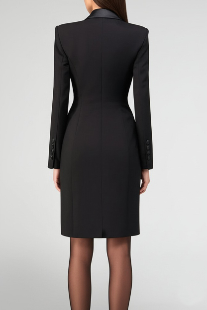 Pencil Short Black Satin Peak Lapel Blazer Dress with Sleeves