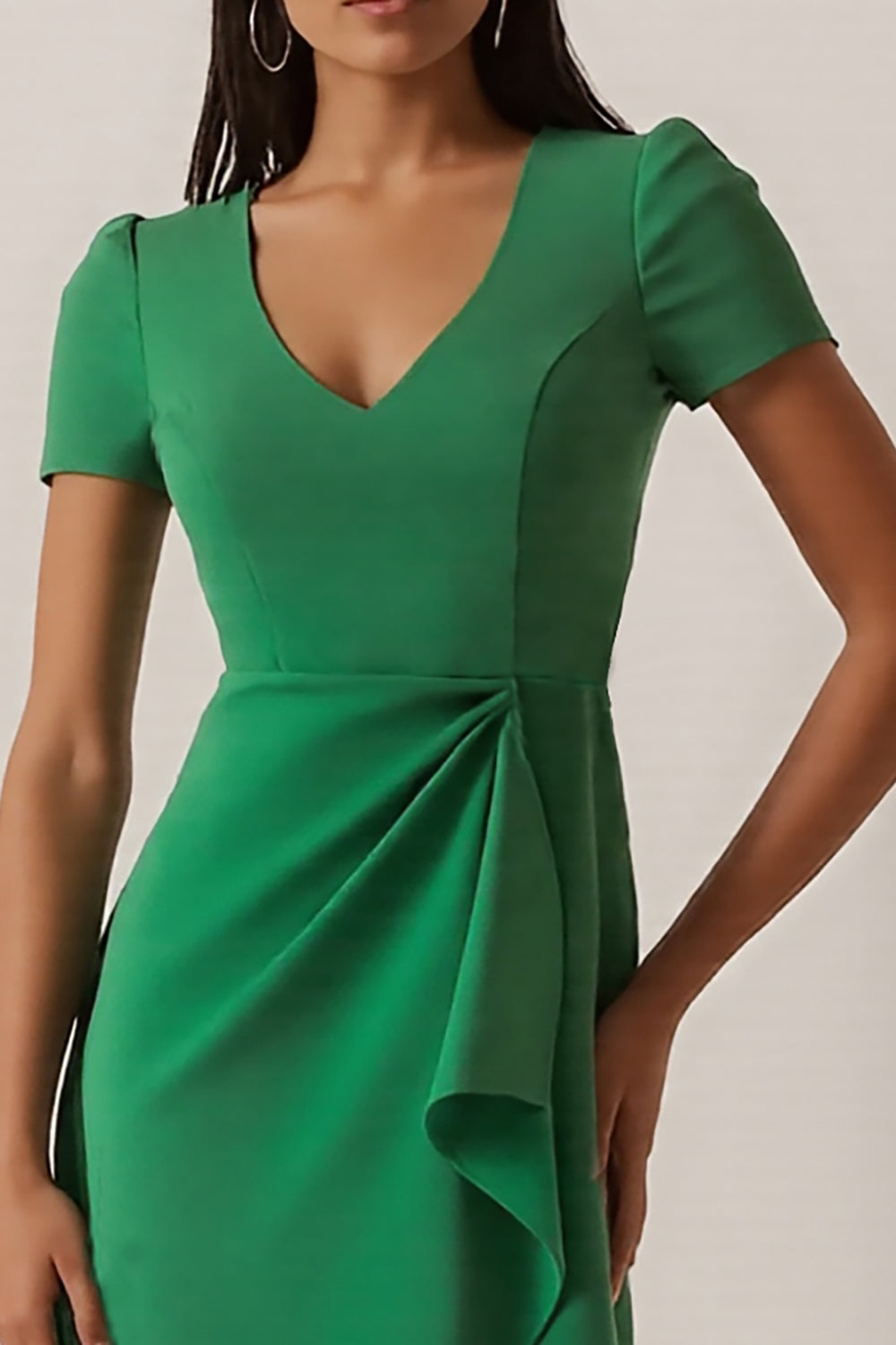 Midi Green Ruched Ruffled Pencil Work Dress with Sleeves