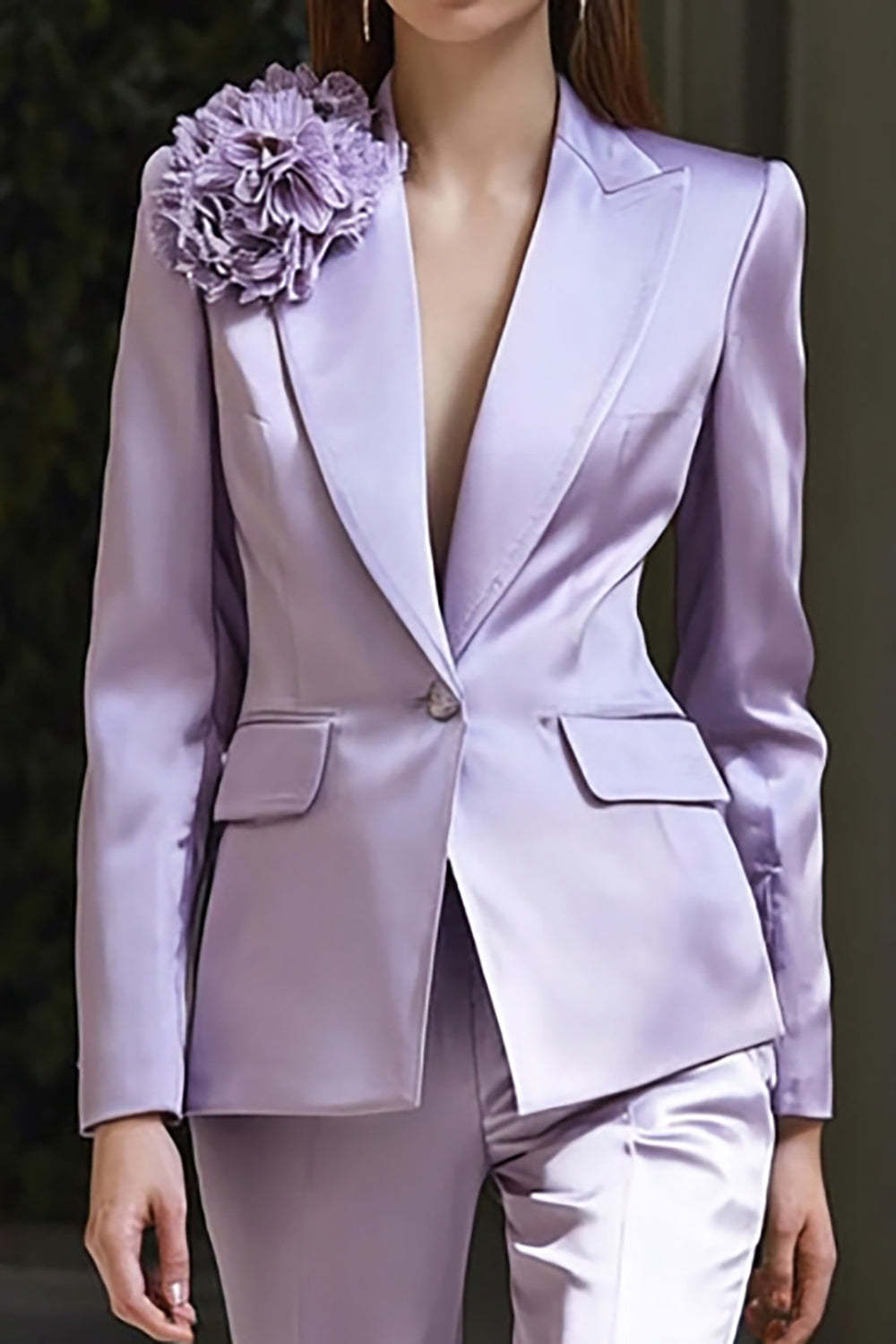 Lilac 3D Flower Satin 2 Piece Peak Lapel Business Suits