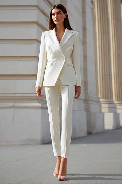 Leely Women Ivory 2 Piece Fitted Business Suits with Sleeves Tight Leg Double Breasted Work Suits