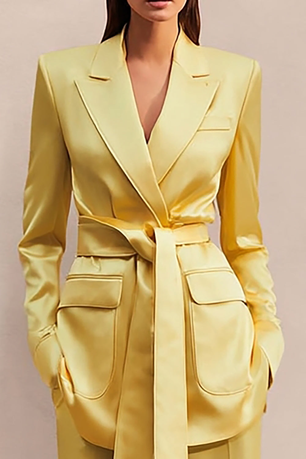 Daffodil Satin 2 Piece Long Sleeves Formal Business Suits with Sash
