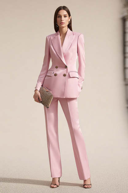 Leely Women Pink 2 Piece Satin Business Suits Peak Lapel Double Breasted Prom Suits with Sleeves